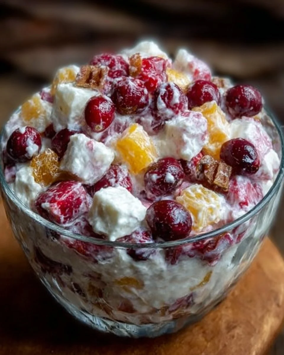 Cranberry Ambrosia Salad with fresh fruits and creamy topping