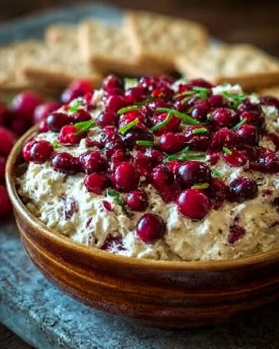 Cranberry and Cream Cheese Dip 1 Delicious cranberry cream cheese dip served in a bowl with crackers on the side