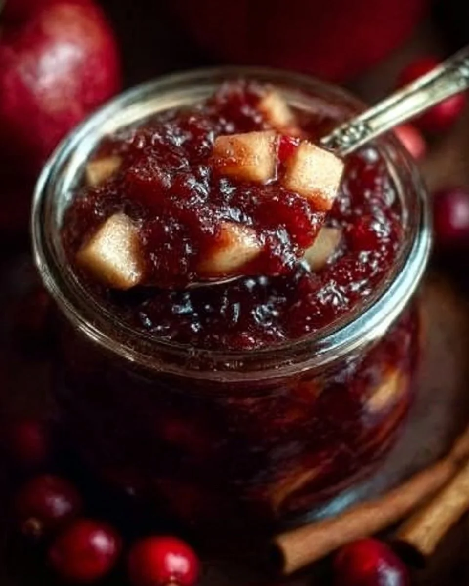 Jar of homemade Cranberry Apple Chutney with fresh ingredients