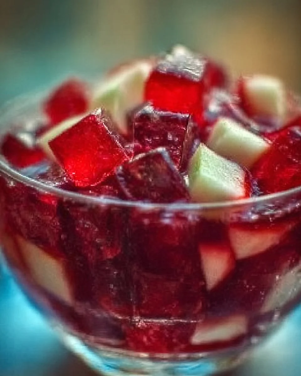 Cranberry Apple Jello Salad 1 Cranberry Apple Jello Salad served in a glass bowl with fruit garnish