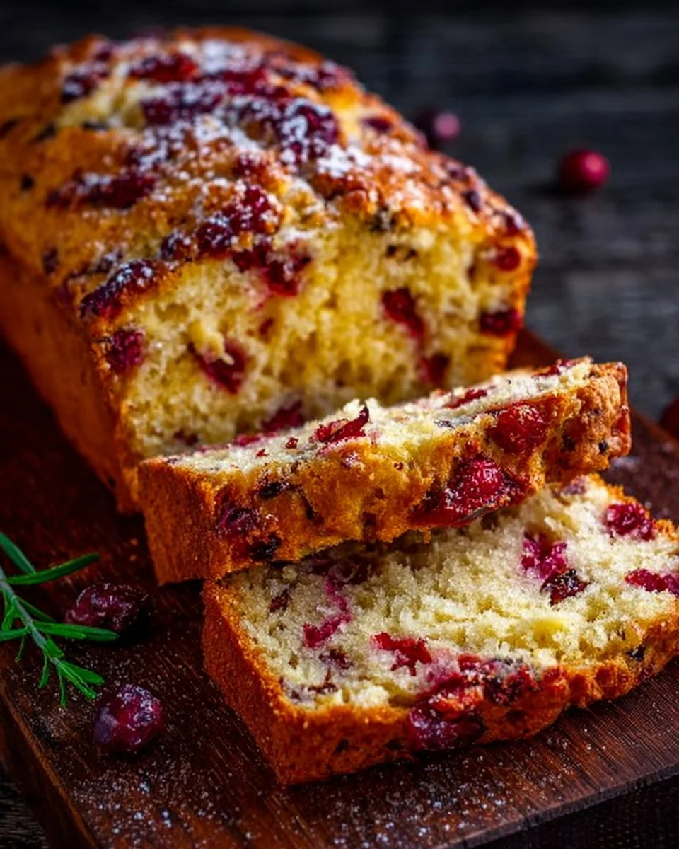 Freshly baked Cranberry Orange Bread topped with cranberries and orange zest.
