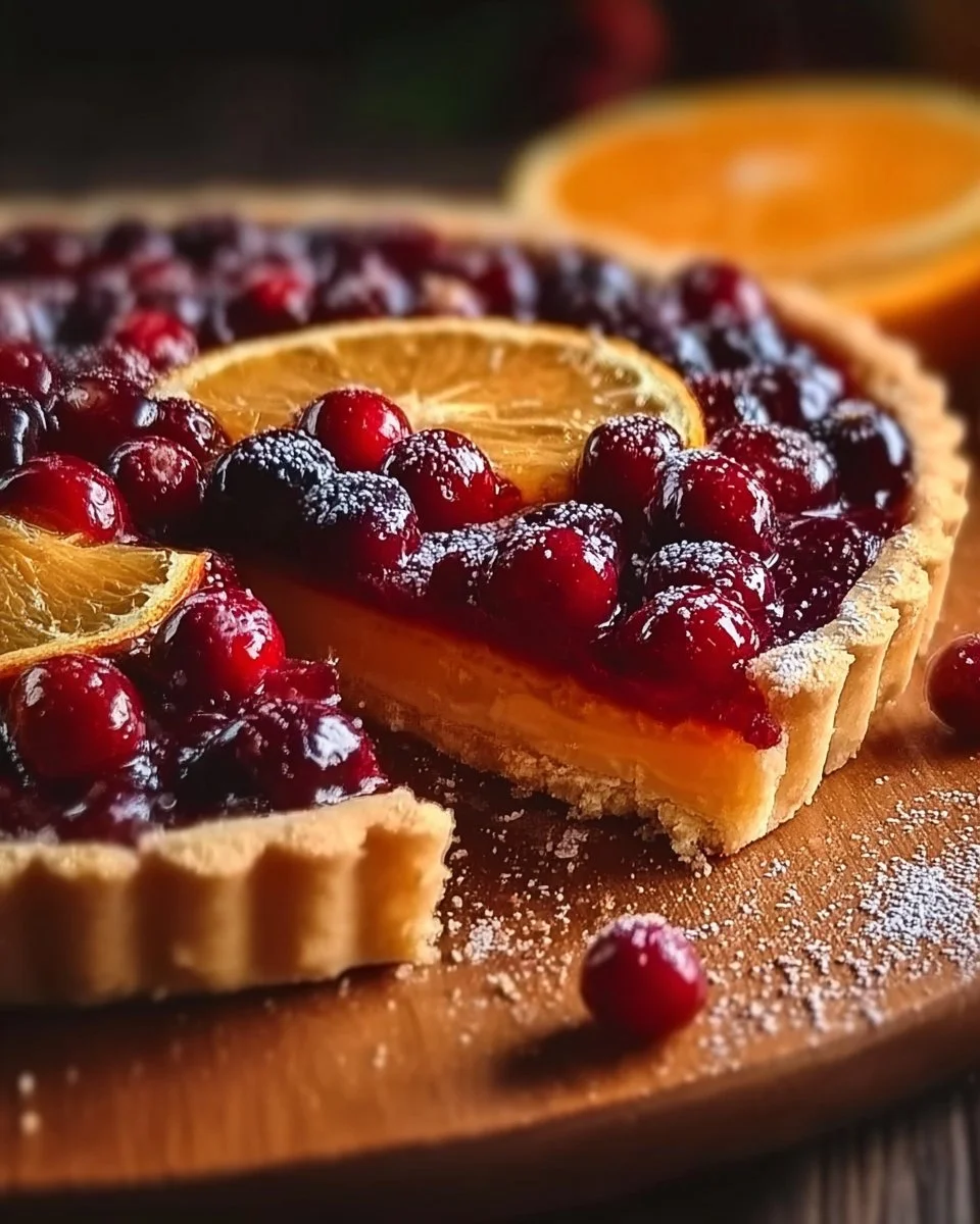 Cranberry Orange Tart 1 Delicious cranberry orange tart served on a white plate with garnishes