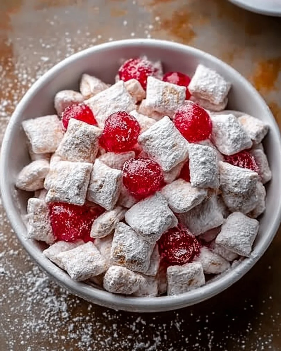 Creamy Cherry Cheesecake Puppy Chow 1 Creamy Cherry Cheesecake Puppy Chow dessert treat with cherry and cheesecake flavors.