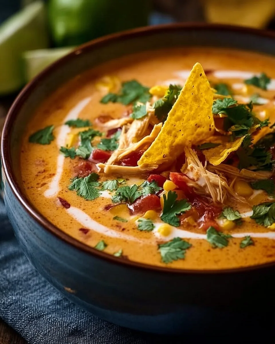Creamy Chicken Tortilla Soup That Warms Your Soul 1 Bowl of creamy chicken tortilla soup garnished with tortilla strips and cilantro