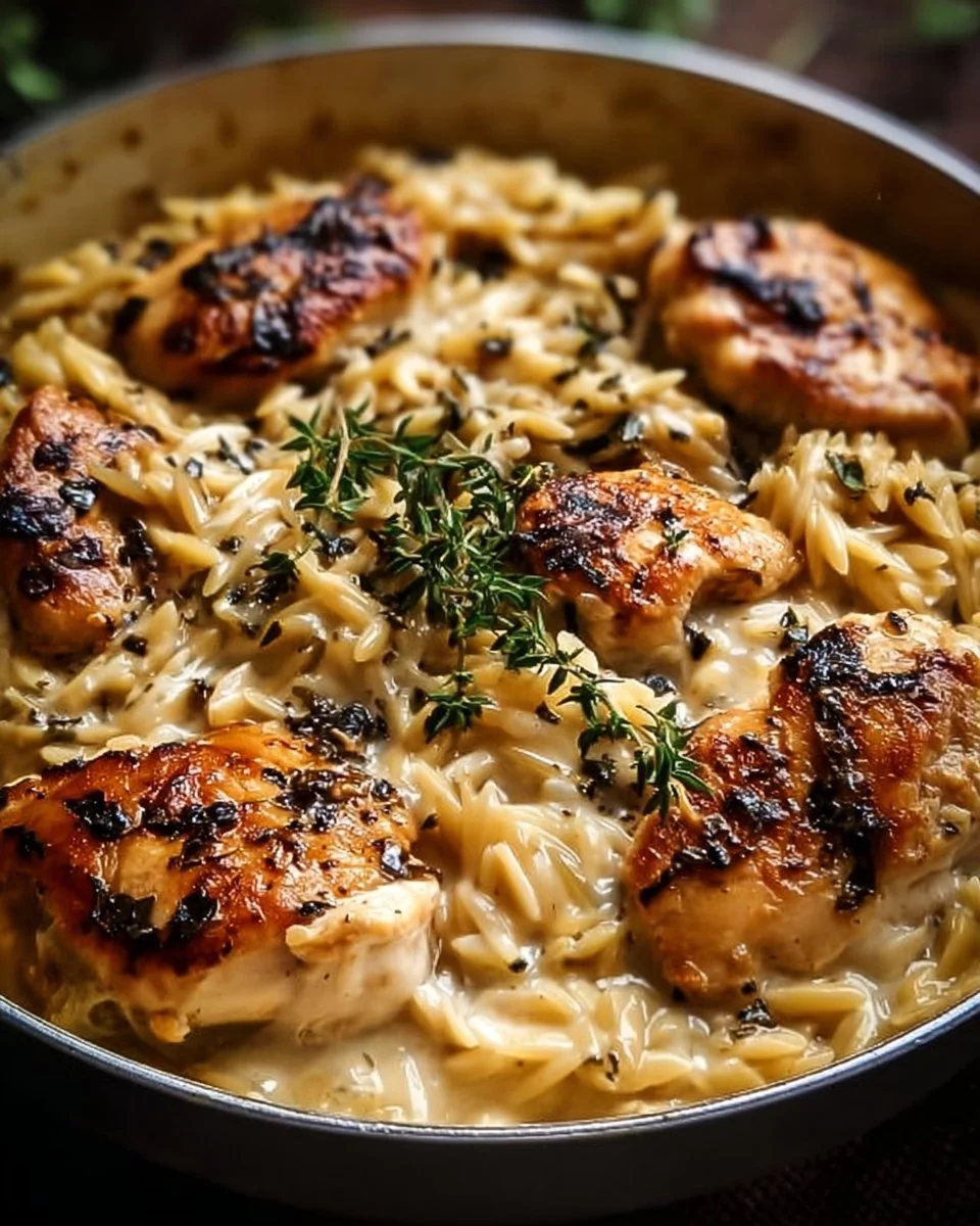 Creamy Gruyère chicken served with orzo pasta