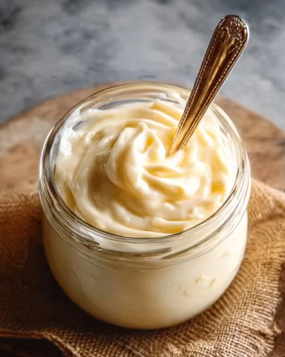 Homemade mayonnaise in a jar with fresh ingredients on a table
