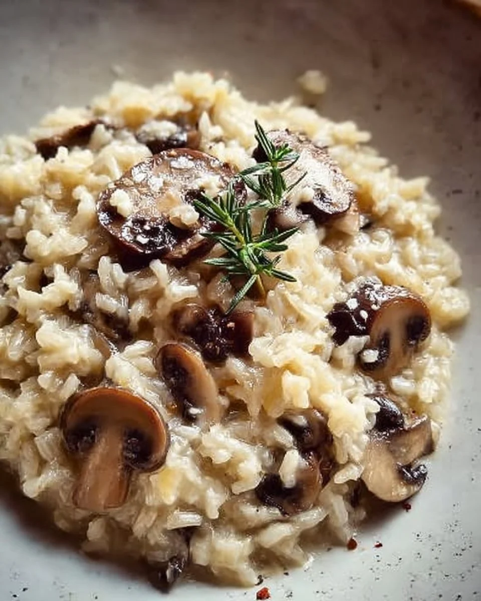 Creamy Mushroom Rice 1 Creamy mushroom rice dish served in a bowl with fresh herbs