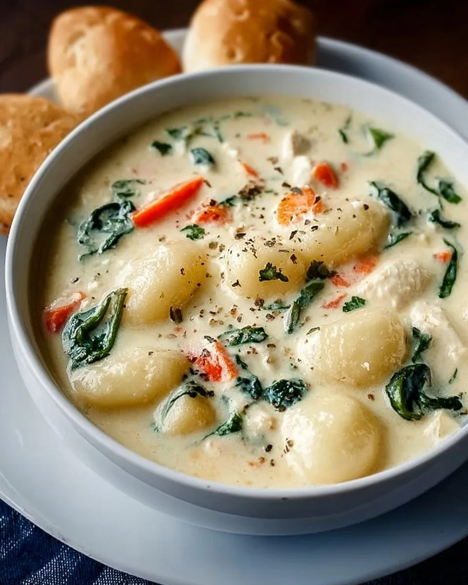 Bowl of creamy Chicken Gnocchi Soup inspired by Olive Garden.