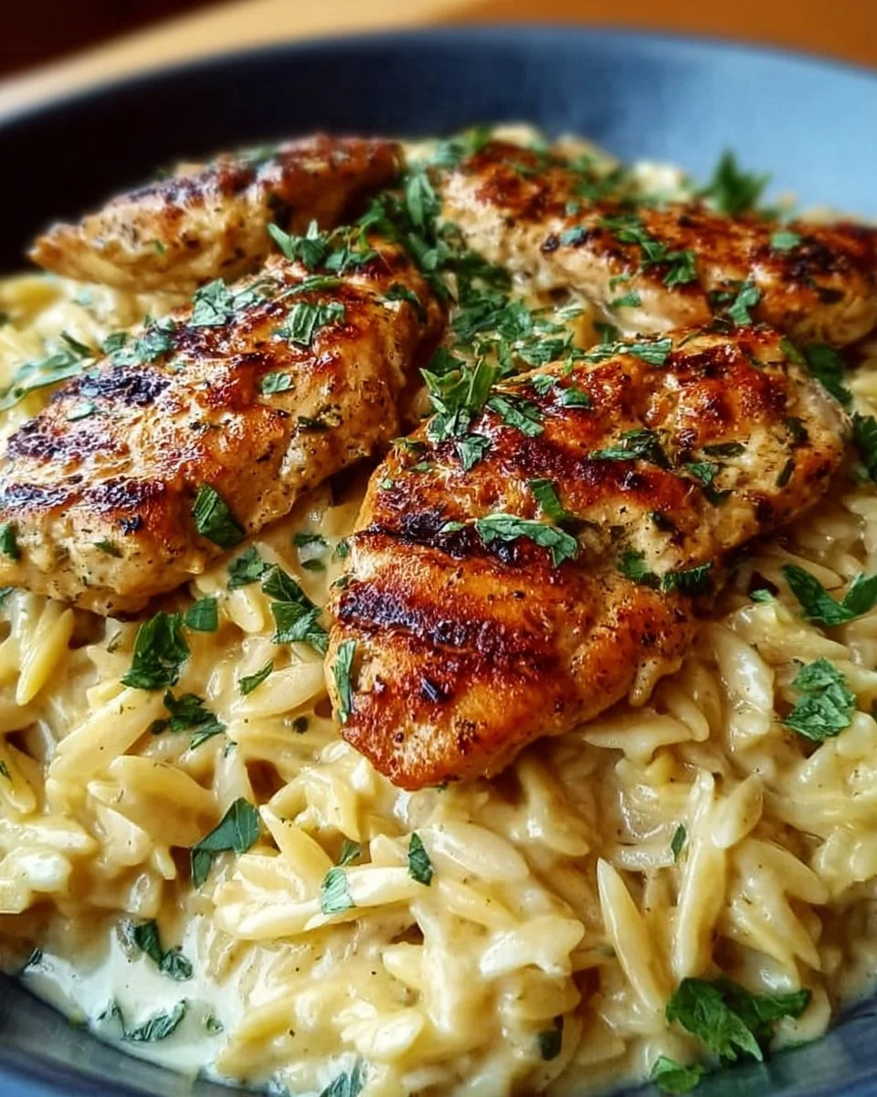 Plate of Creamy Parmesan Chicken served with orzo pasta and fresh herbs