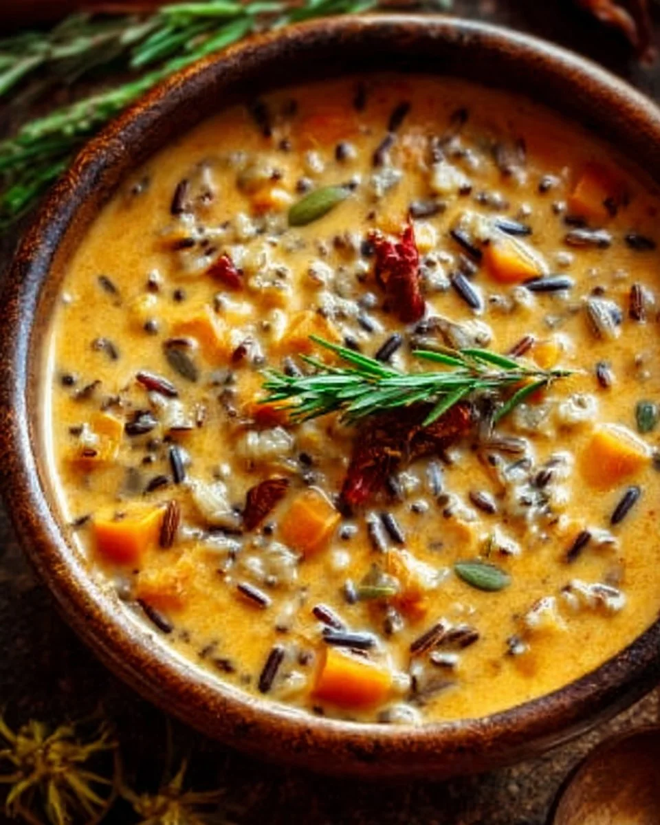 Bowl of creamy pumpkin wild rice soup garnished with herbs and spices