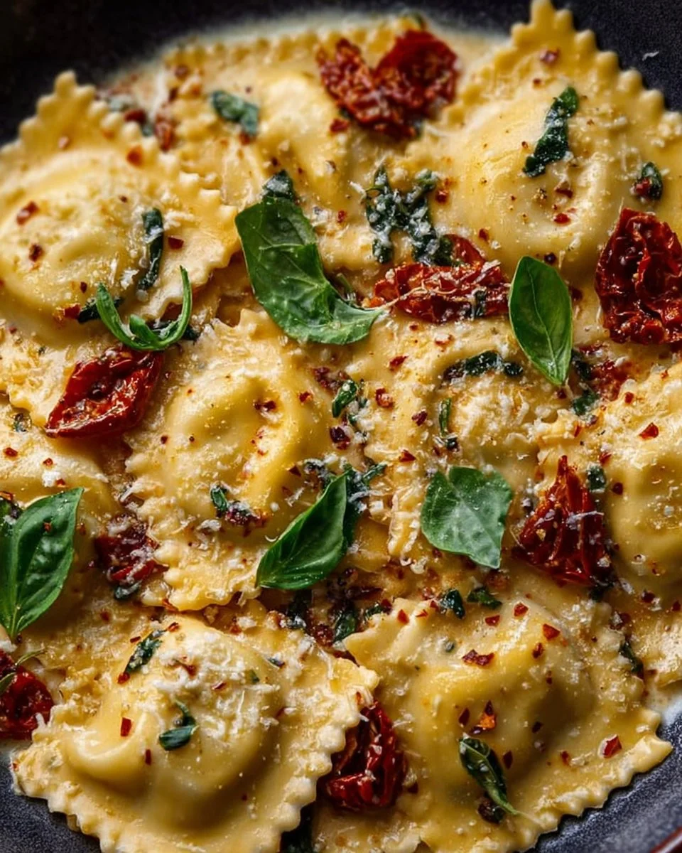 Delicious creamy sun-dried tomato ravioli topped with fresh herbs.