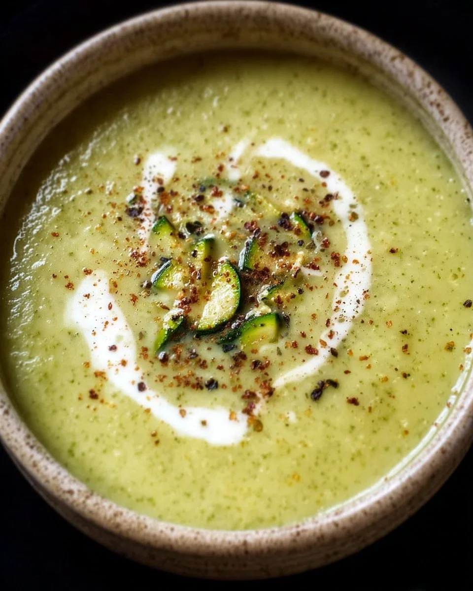 Creamy zucchini soup garnished with fresh herbs in a bowl