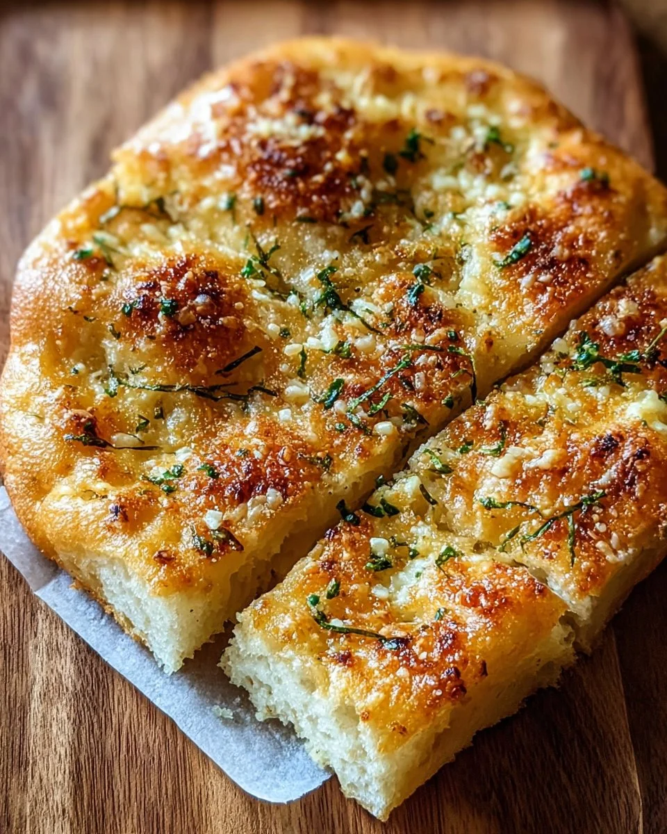 Crispy garlic parmesan focaccia bread topped with cheese and herbs