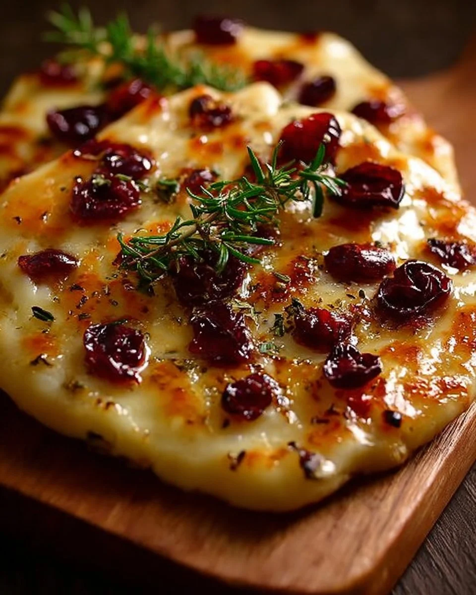 Delicious crispy brie and cranberry flatbread, perfect for appetizers