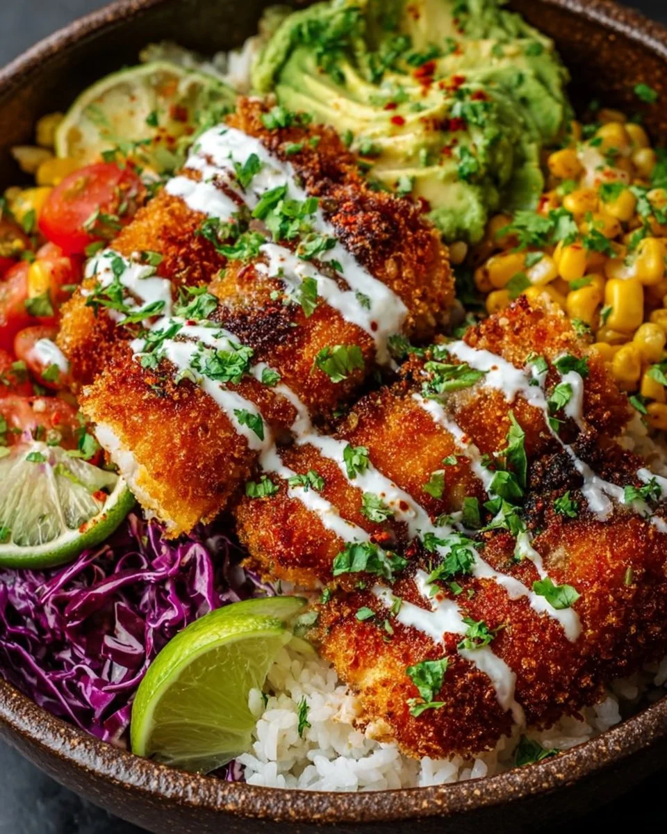 Crispy Fish Taco Bowls 1 Crispy fish taco bowls topped with fresh vegetables and lime wedges