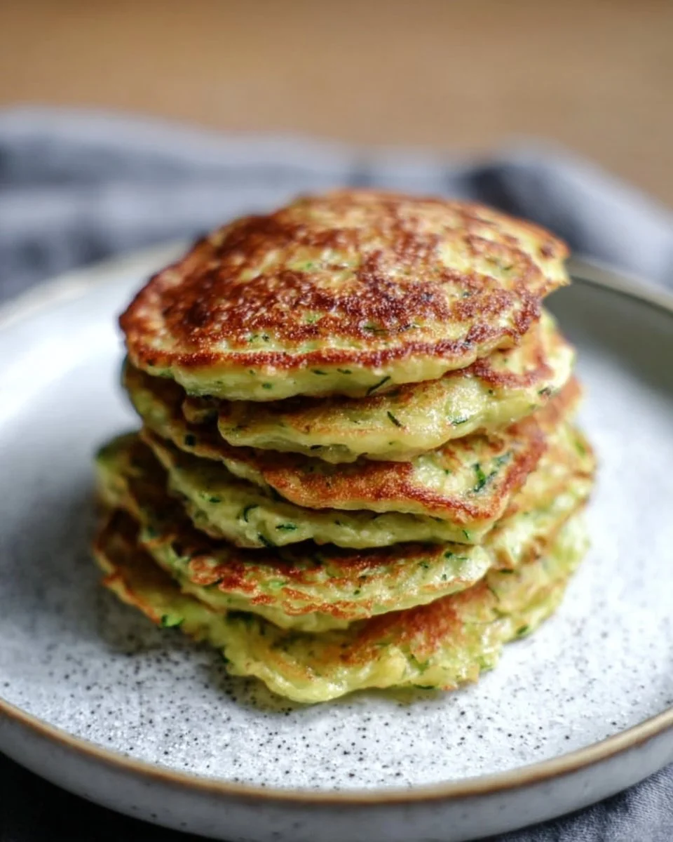 A plate of crispy zucchini pancakes drizzled with sauce and garnished with herbs