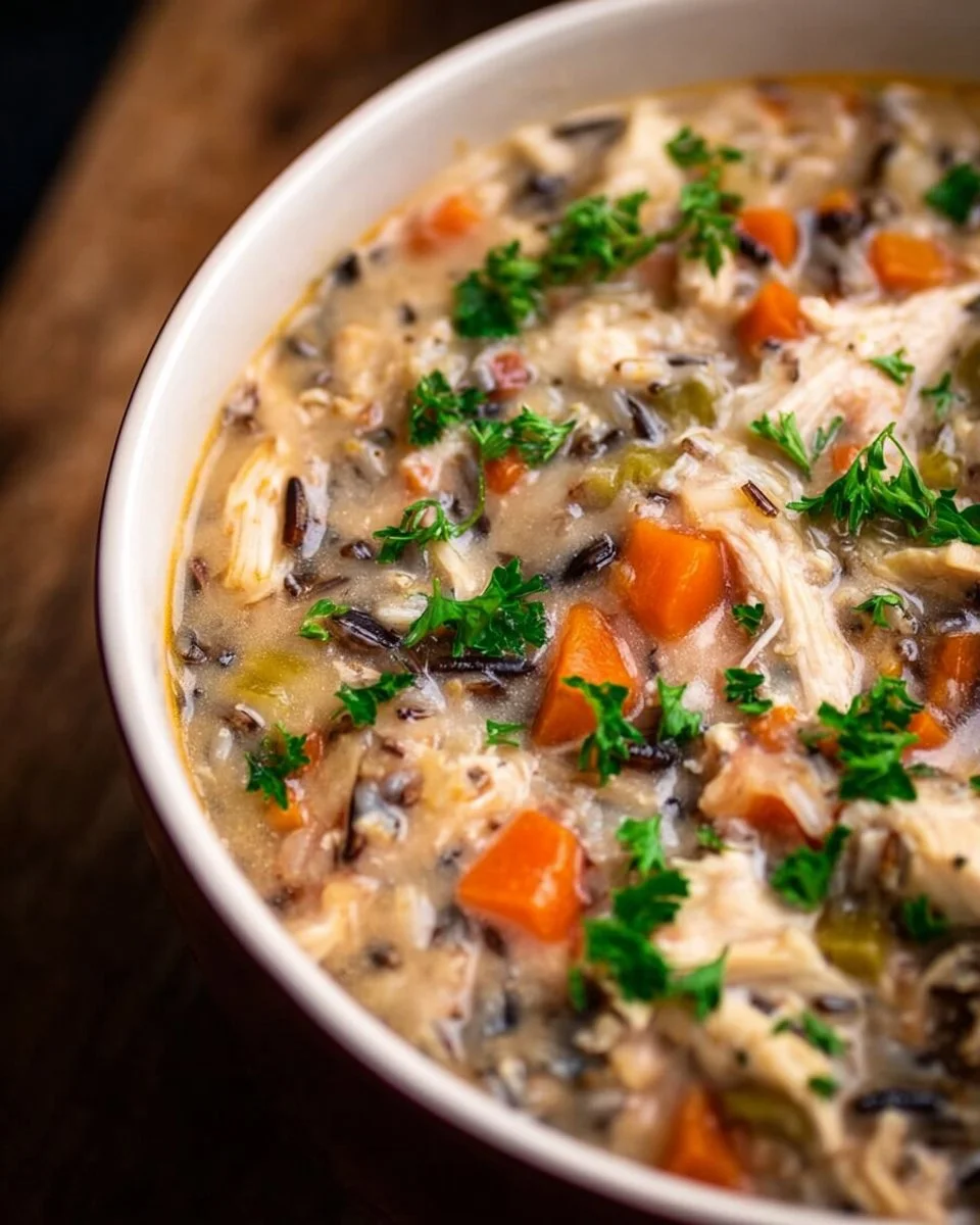 Crockpot chicken and wild rice soup in a bowl