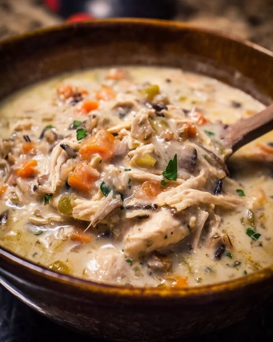 Crockpot Chicken & Wild Rice Soup in a bowl with herbs and vegetables