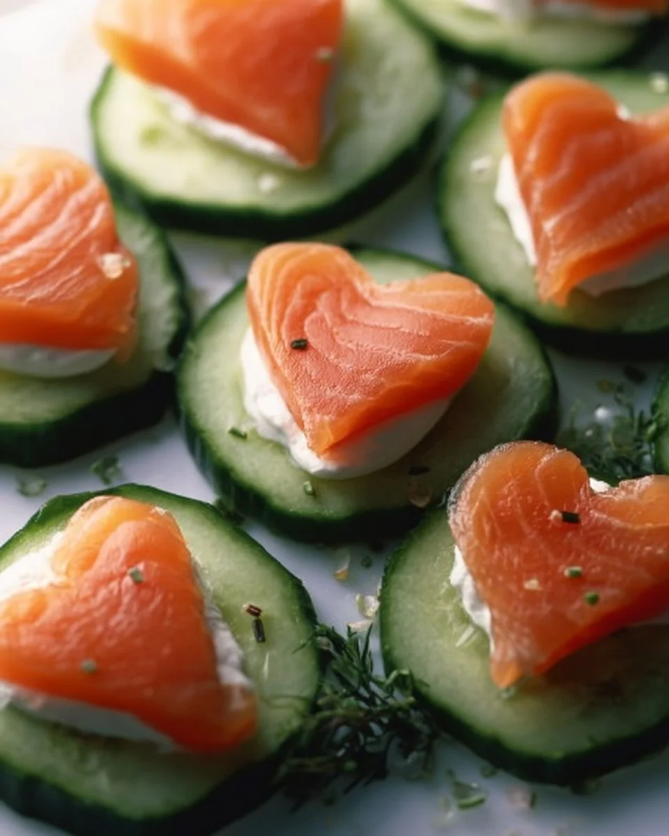 Cucumber Slices with Smoked Salmon Hearts 1 Cucumber slices topped with smoked salmon hearts, a delicious appetizer.