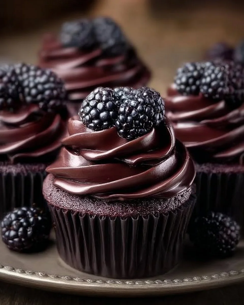 Decadent Dark Chocolate Blackberry Cupcakes 1 Decadent dark chocolate blackberry cupcakes topped with fresh berries.