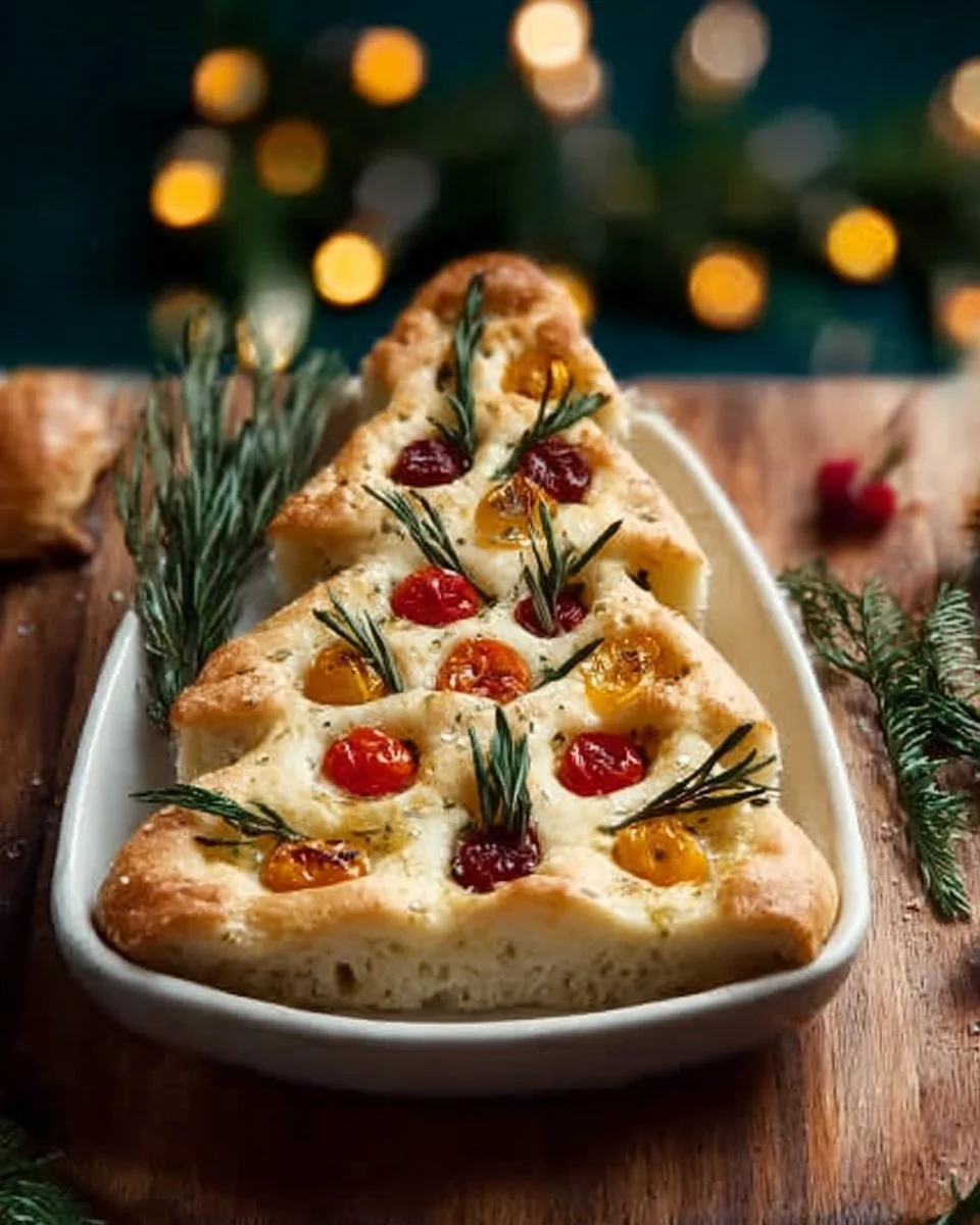 Delicious Christmas Tree Focaccia to Brighten Your Holiday 1 Homemade Christmas Tree Focaccia decorated with herbs and festive toppings.