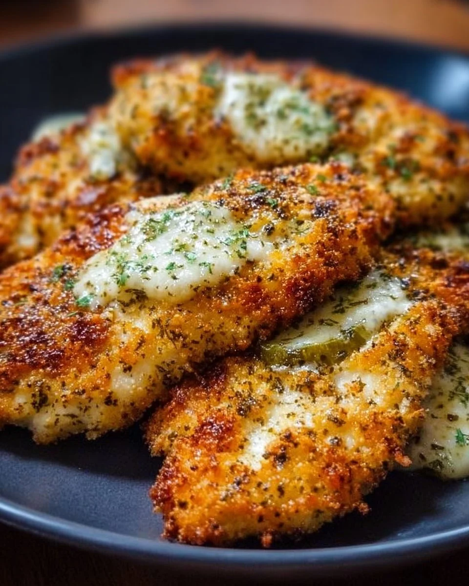Dill Pickle Parmesan Chicken 1 Delicious Dill Pickle Parmesan Chicken recipe on a plate garnished with herbs.