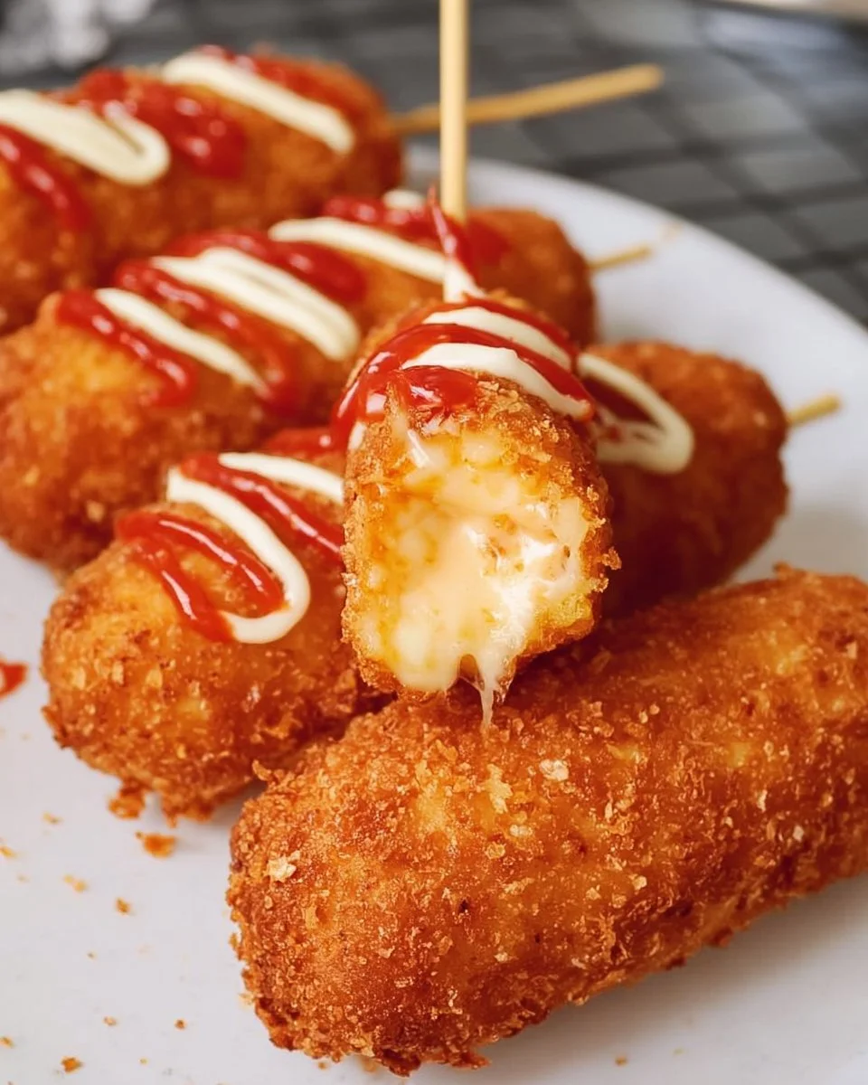A plate of easy homemade Korean corn dogs filled with cheese