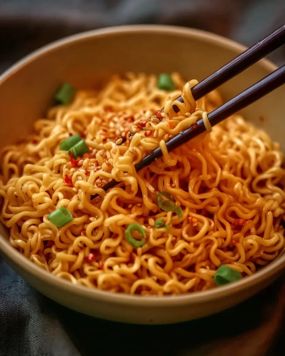 Bowl of easy saucy ramen noodles garnished with green onions and chili flakes