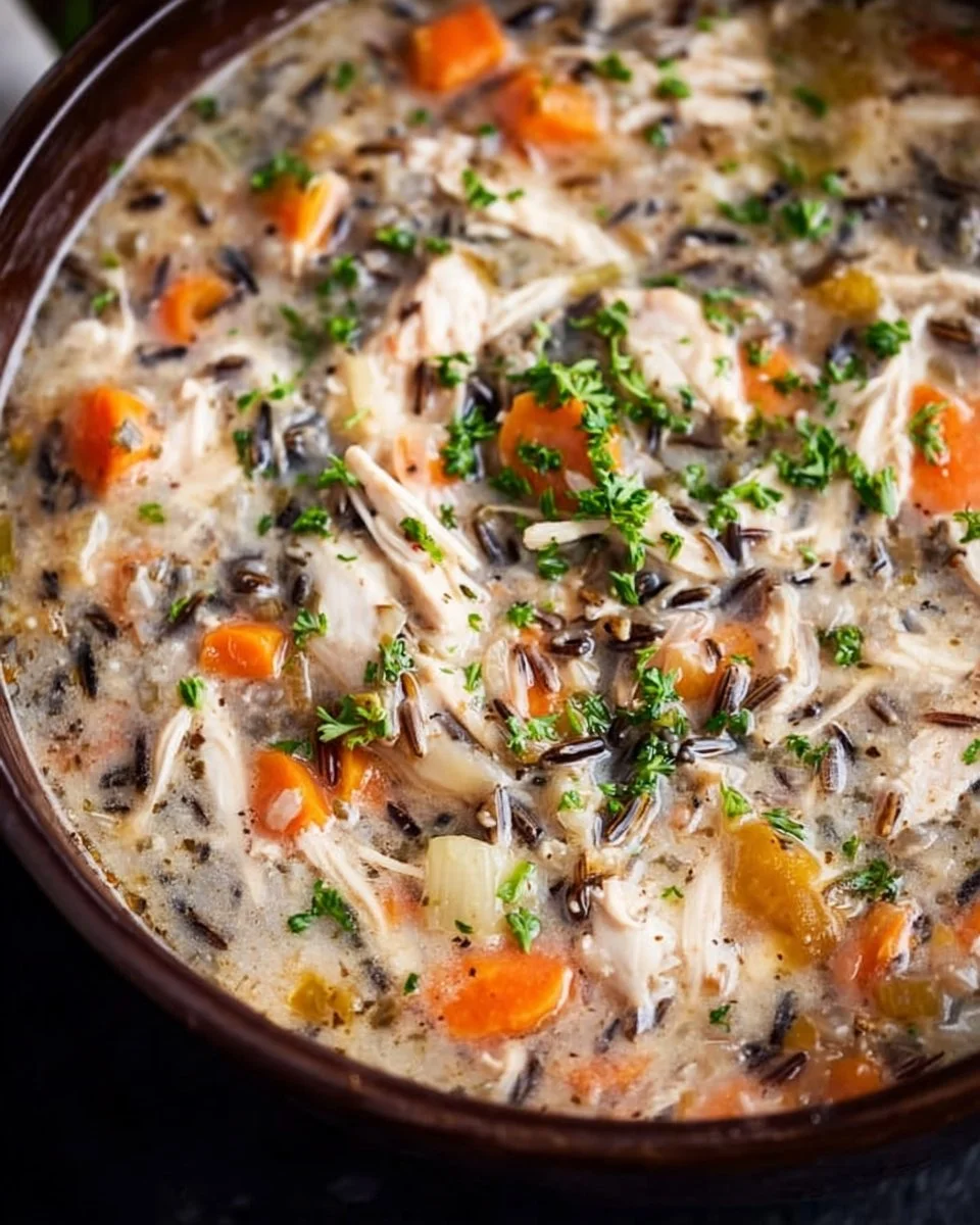 Bowl of easy slow cooker chicken soup with wild rice and vegetables