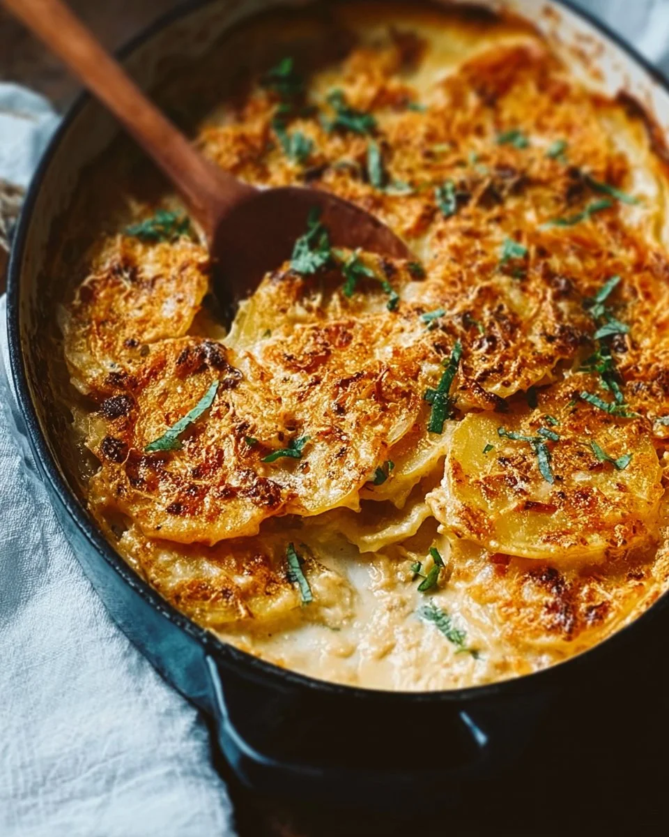 Plate of easy vegan scalloped potatoes garnished with herbs