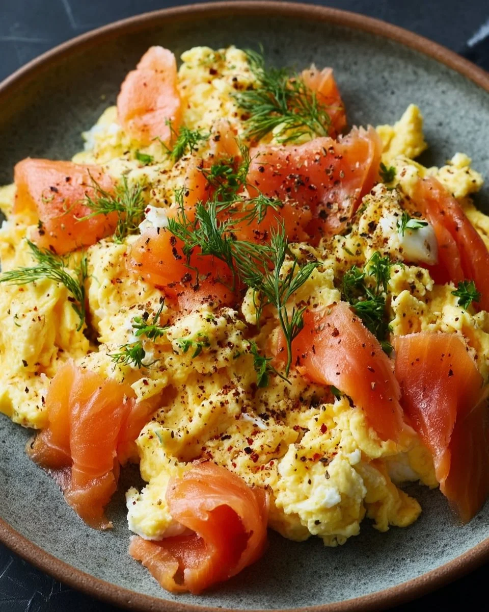 Delicious egg scramble with smoked salmon served on a plate