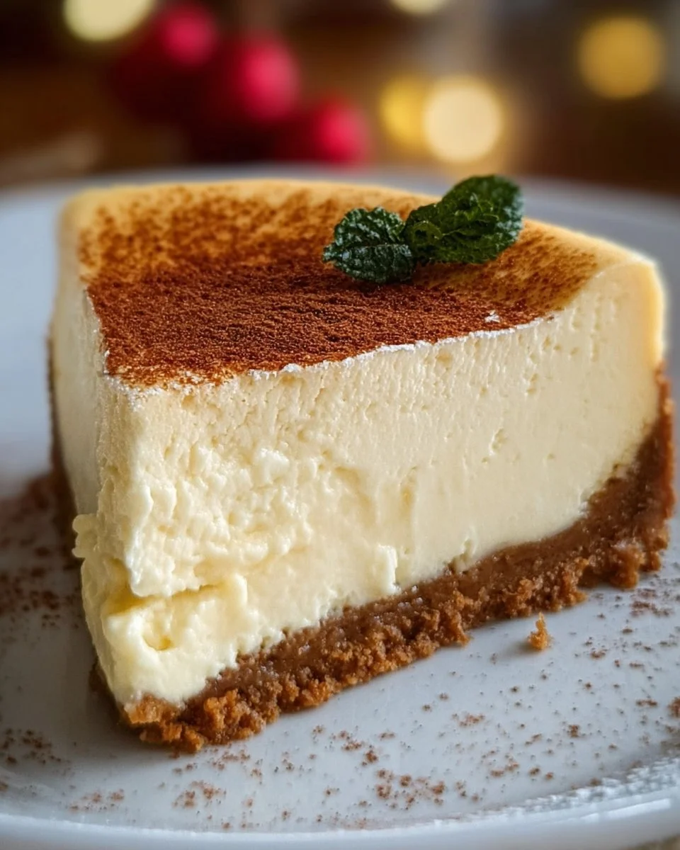 Eggnog Cheesecake 1 Slice of eggnog cheesecake decorated with a sprinkle of nutmeg and whipped cream