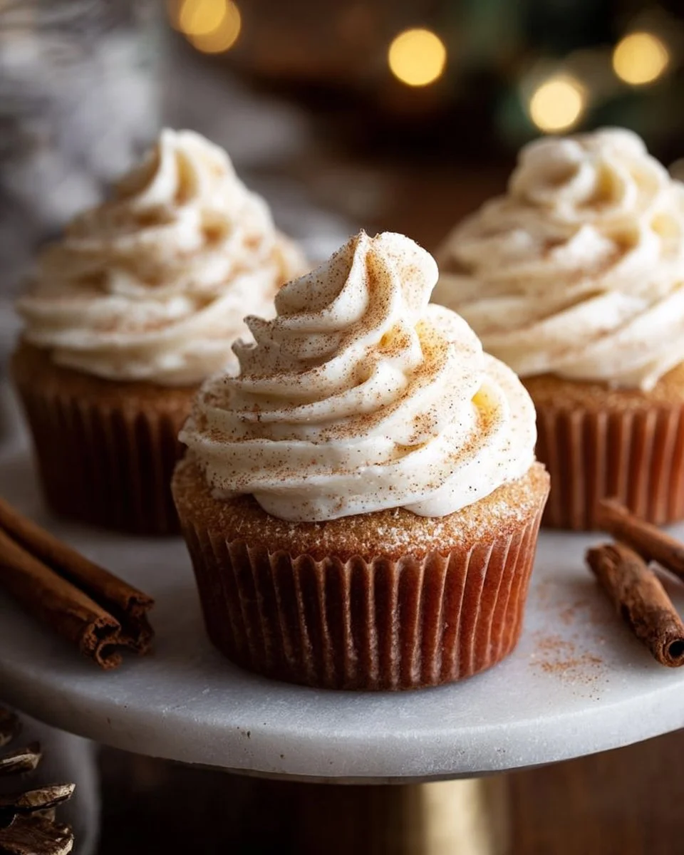 Eggnog Cupcakes 1 Delicious eggnog cupcakes topped with creamy frosting and festive sprinkles