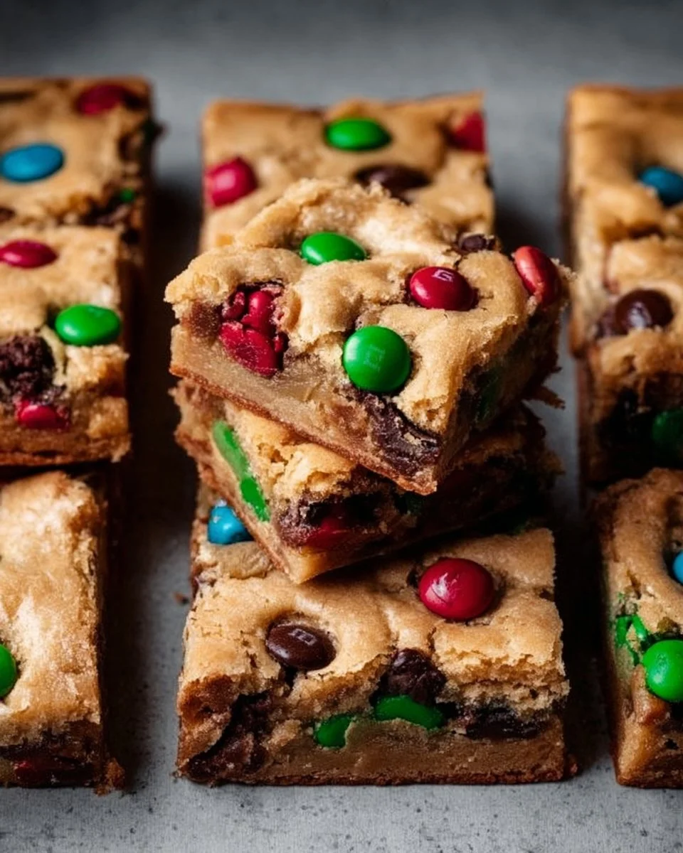 Extra Soft & Chewy M&M Cookie Bars 1 Delicious Extra Soft & Chewy M&M Cookie Bars on a plate