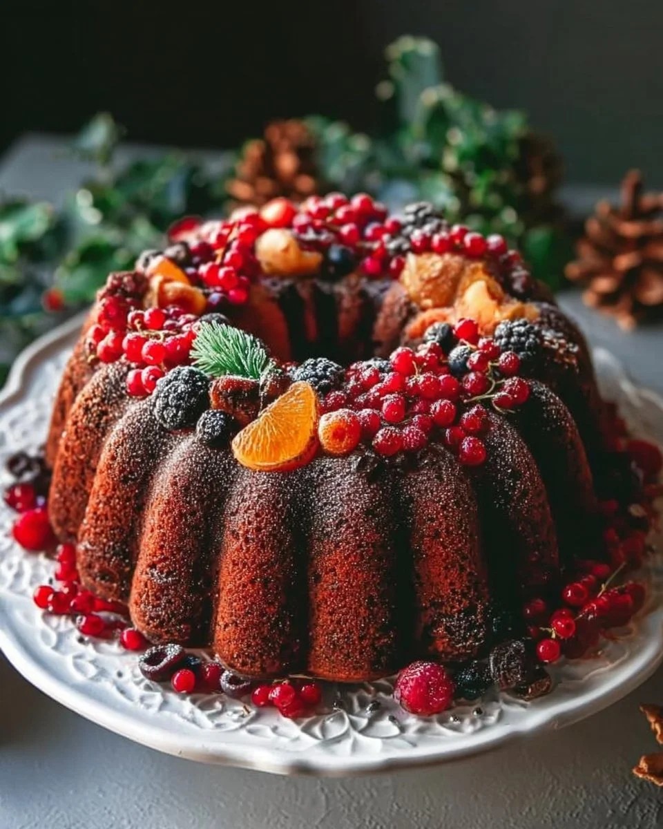 Festive and Wholesome: Healthy Christmas Fruit Bundt Cake 1 Healthy Christmas fruit Bundt cake with festive decorations and fruits