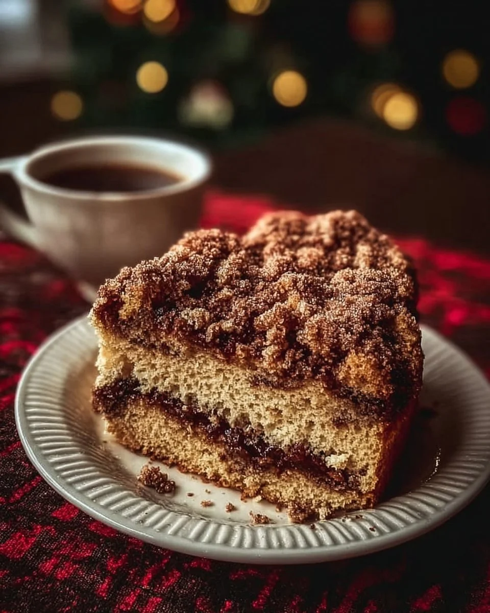 Festive Coffee Cake 1 Sliced festive coffee cake topped with cinnamon and nuts on a decorative plate