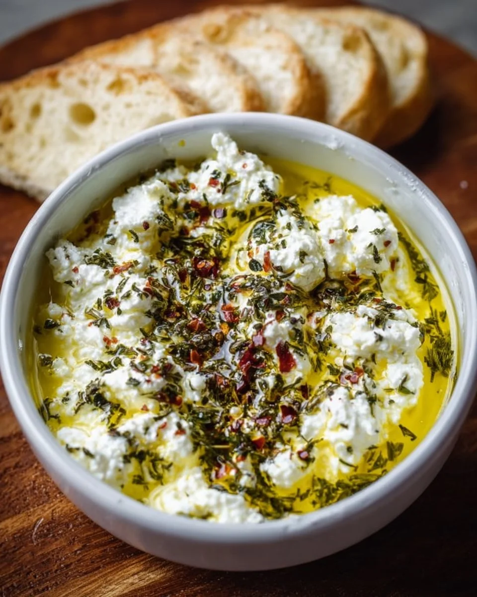 Feta olive oil dip served with fresh vegetables and bread