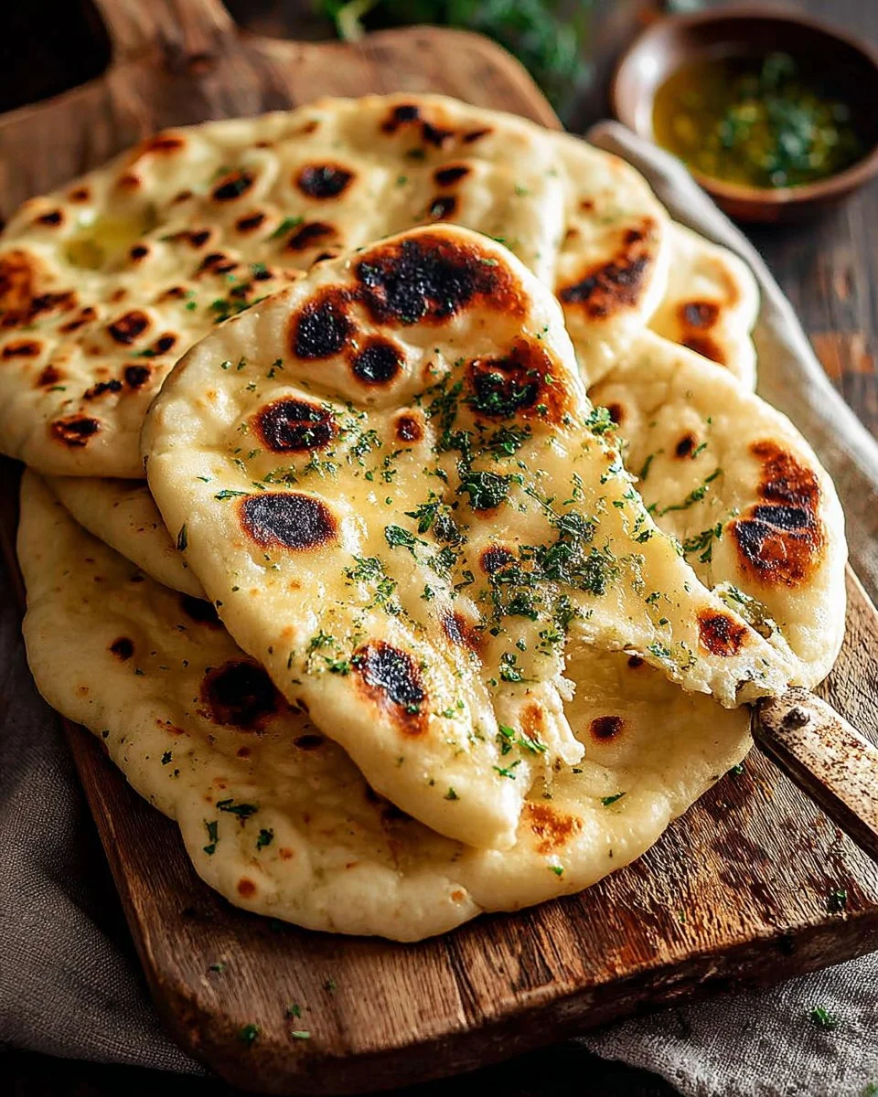 Homemade fluffy naan bread served with curry and herbs