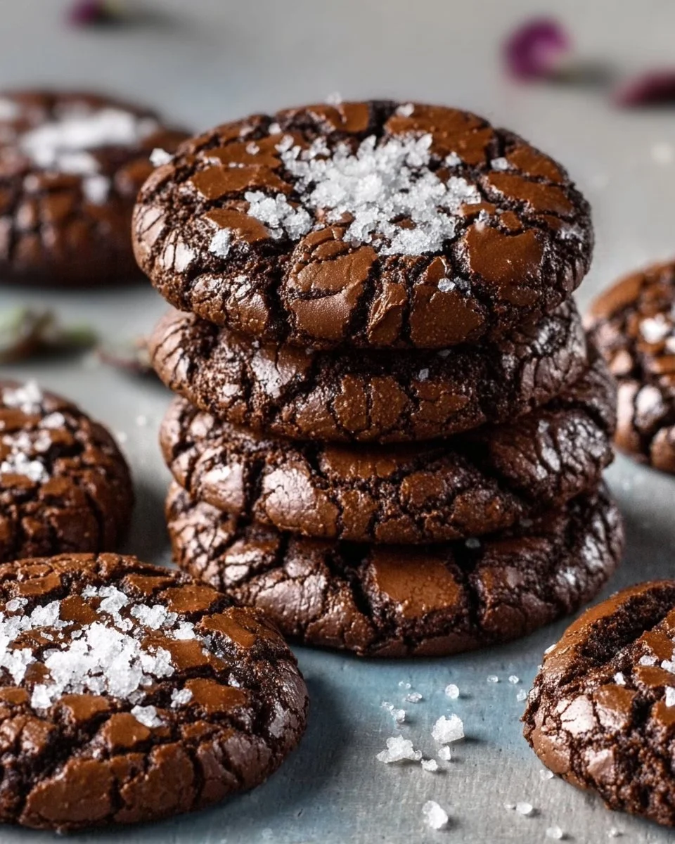 Fudgy brownie crinkle cookies stacked on a cooling rack