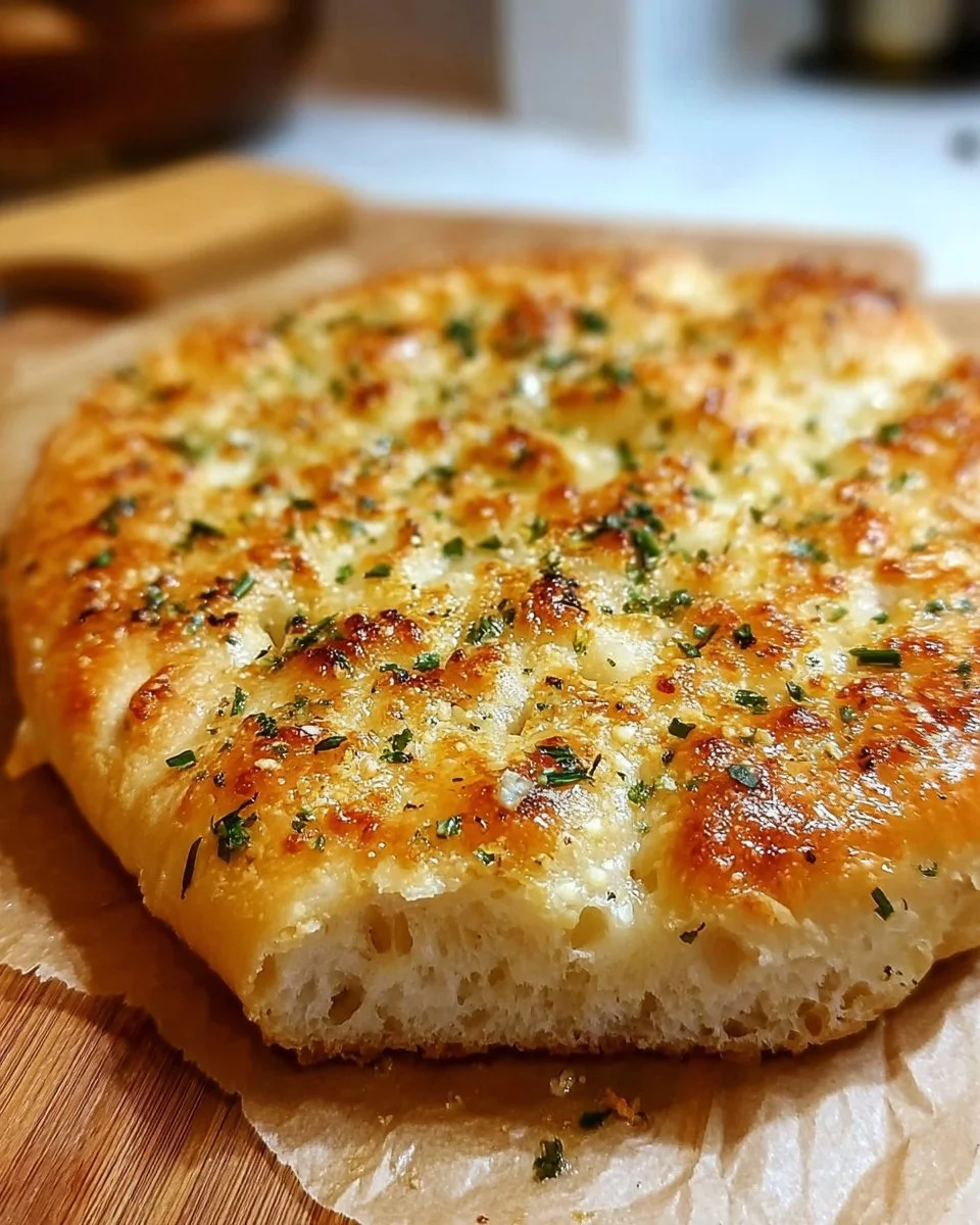 Freshly baked Garlic Parmesan Focaccia Bread with herbs and cheese.