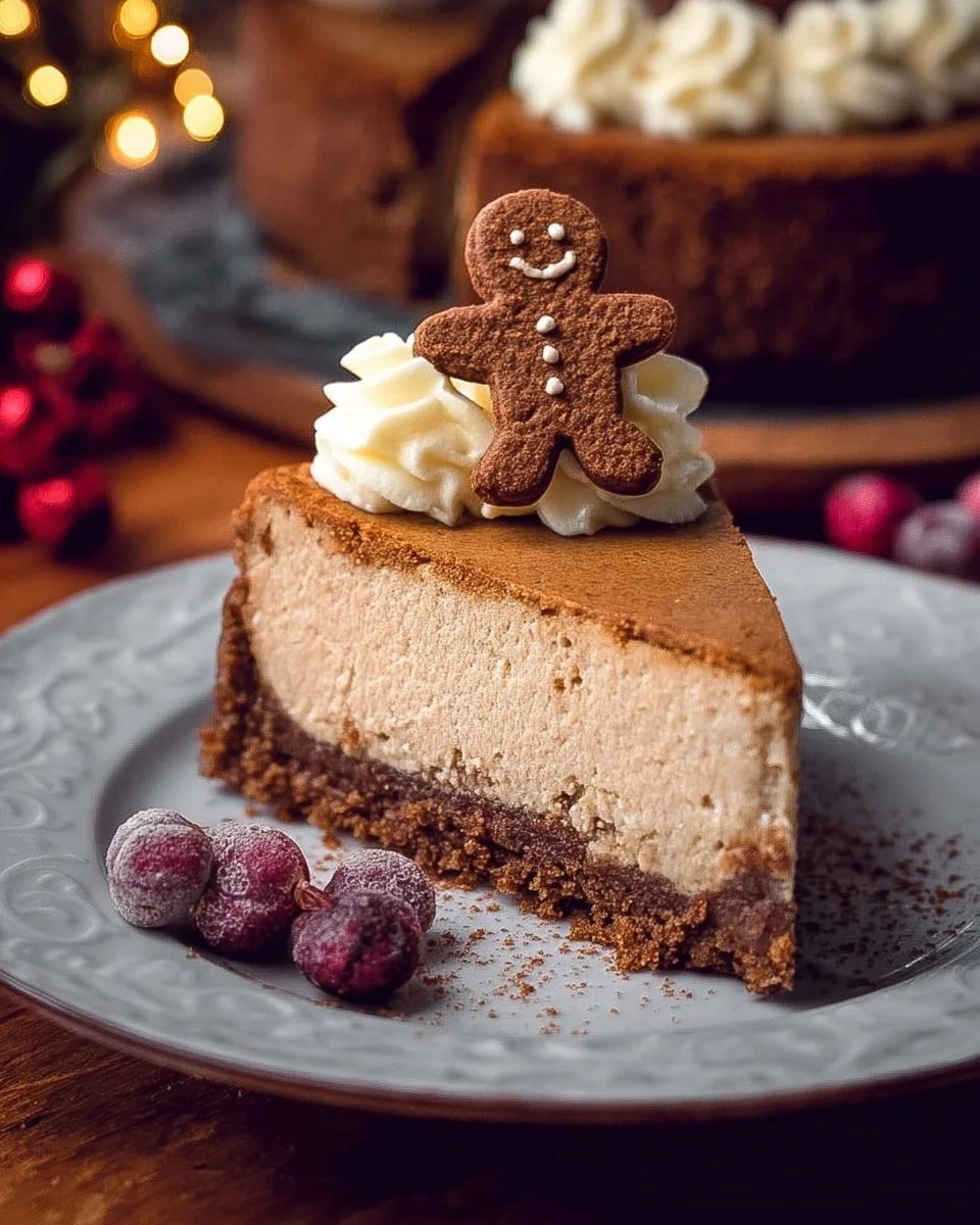 Delicious Gingerbread Cheesecake topped with whipped cream and gingerbread crumbs