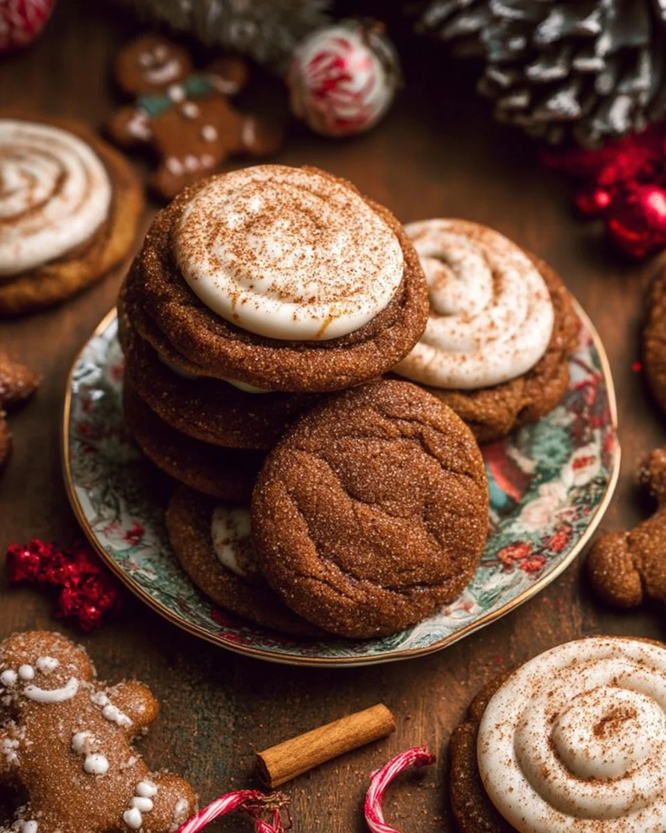 Gingerbread Cheesecake Cookies 1 Delicious Gingerbread Cheesecake Cookies on a festive plate with holiday decorations.