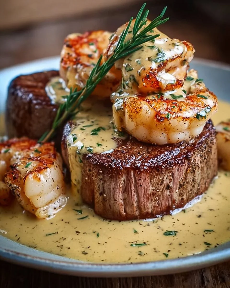 Gourmet surf and turf with creamy garlic sauce on a plated dish