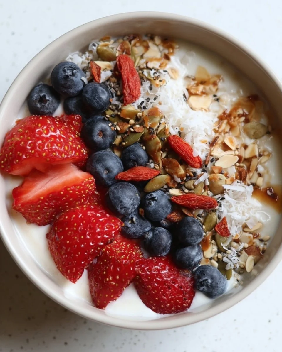 Delicious Greek yogurt protein bowl topped with fresh fruits and nuts