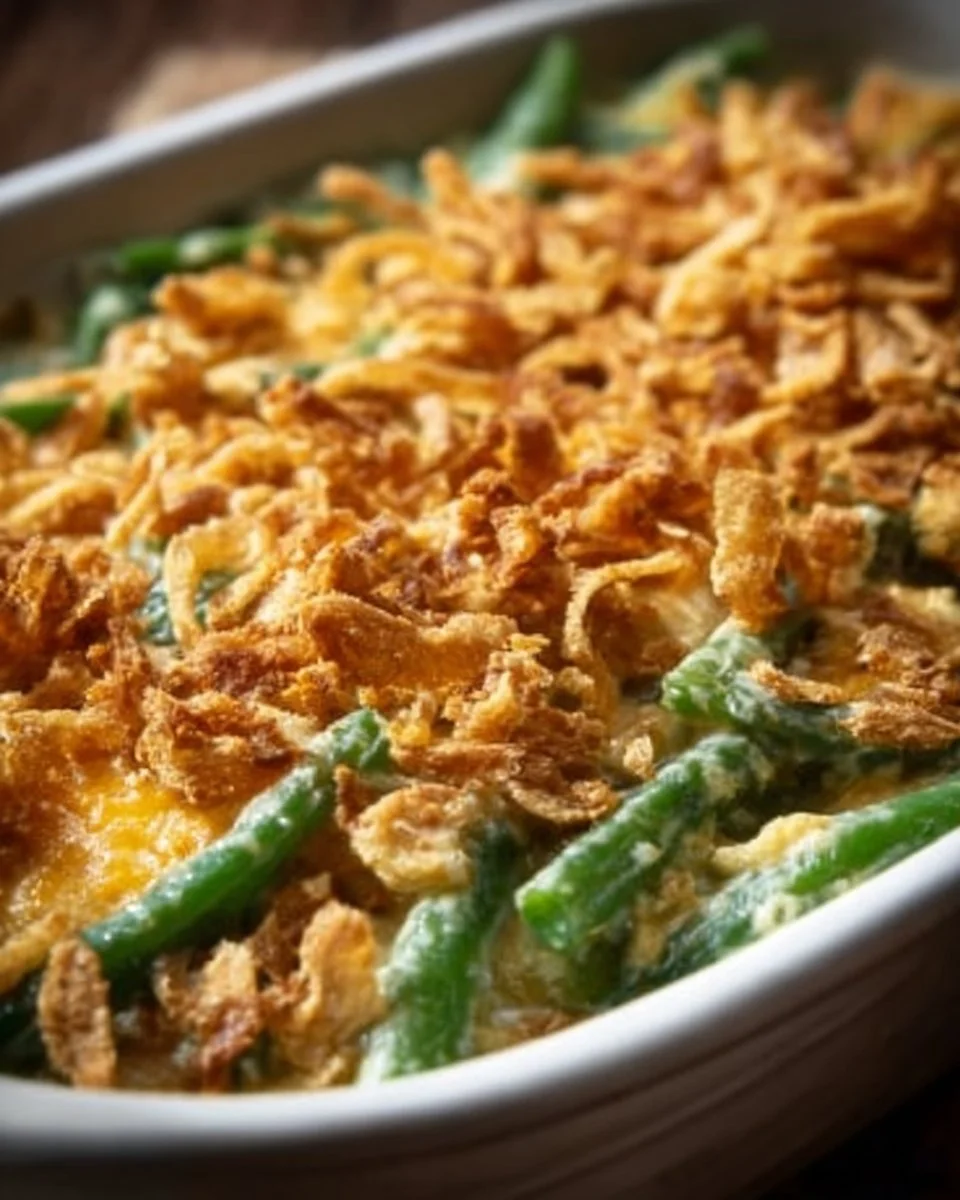 Delicious green bean casserole topped with crispy onions in a baking dish.