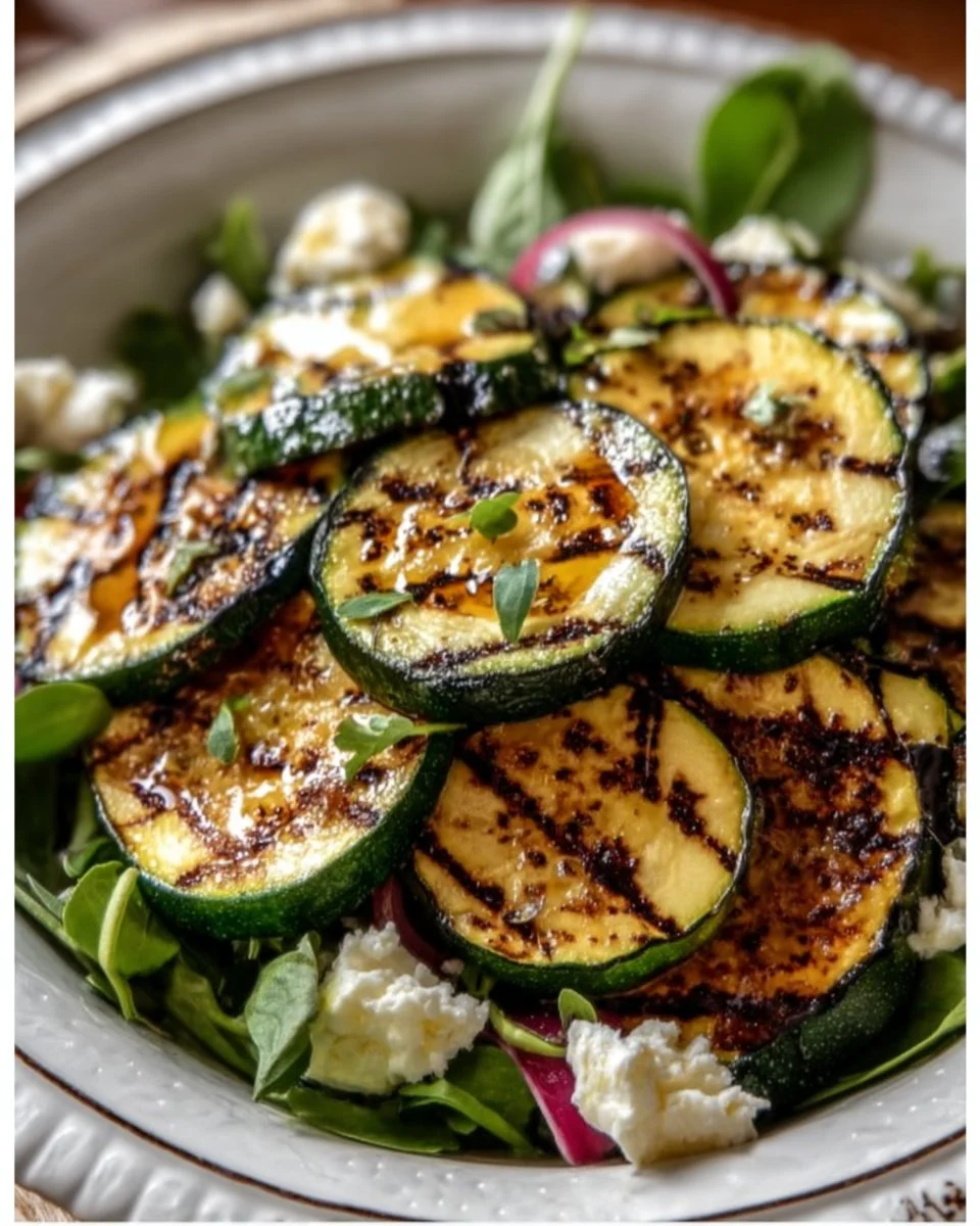 Delicious grilled zucchini salad garnished with fresh herbs and veggies
