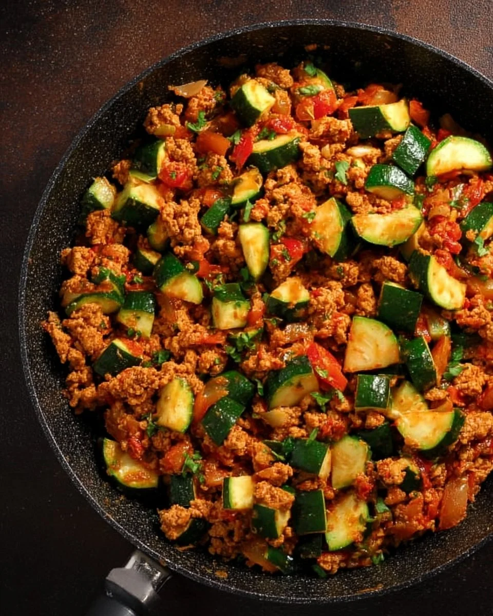Ground turkey and zucchini skillet dish served in a pan