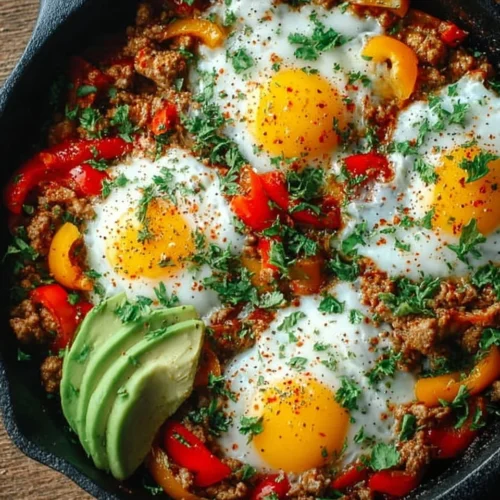 Healthy ground turkey egg breakfast skillet with fresh vegetables
