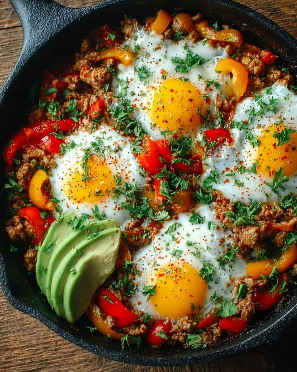 Healthy ground turkey egg breakfast skillet with fresh vegetables