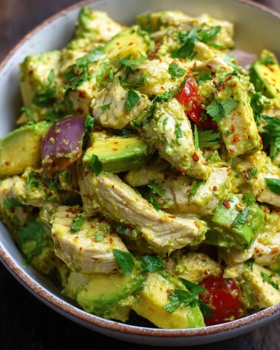 Healthy Avocado Chicken Mix 1 Healthy avocado chicken mix served in a bowl with fresh ingredients.